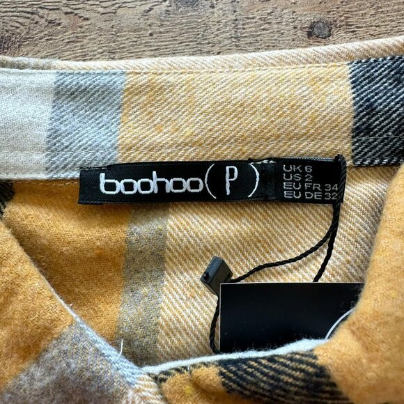 Boohoo petite mustard yellow and cream checked shacket women's size 2 petite - Picture 2 of 7